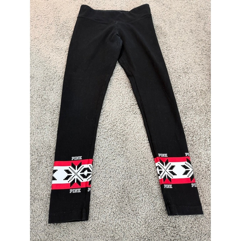PINK Victoria Secret Leggings Black Fair Isle Snowflake Print Women's Size Small